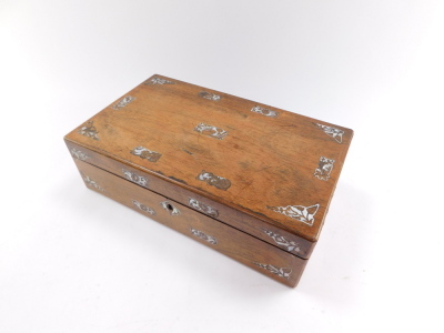 A Victorian rosewood and mother of pearl inlaid writing slope, opening to reveal a fitted interior, 12cm high, 40cm wide, 23.5cm deep. - 2