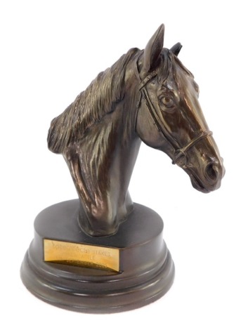 R Donaldson (21stC). A bronzed plaster bust of a horse, raised on an integral socle base, bears brass plaque 'Tote Trefecta Stakes, Newcastle, 5th September 2005', 17cm high.