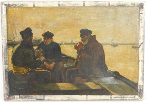 British School (19thC). Sailors conversing on a boat in harbour, oil on canvas, monogrammed E S W., 32cm high, 47.5cm wide.