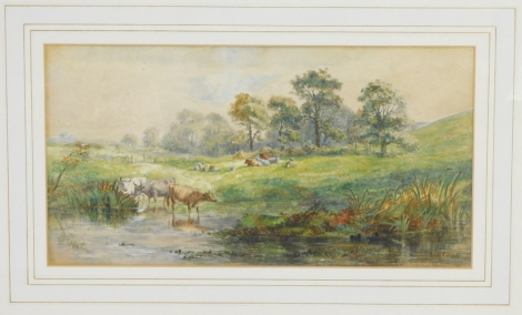 Helen Vernon (British, 1831-1902). Cattle watering in a landscape, watercolour, signed, 17.5cm high, 33.5cm wide.