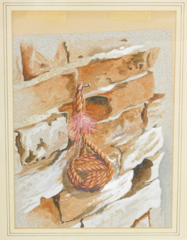 Russell Thomas (British, 20thC). A brick wall with a hanging wall of rope, watercolour, signed, 97cm high, 20cm wide.