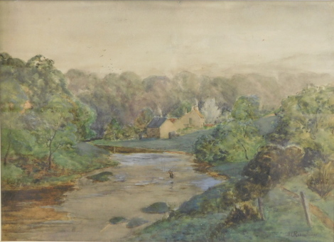 H L Robinson (British fl.1905-1930). Landscape with figure fly fishing, watercolour, signed, 36cm high, 50cm wide.