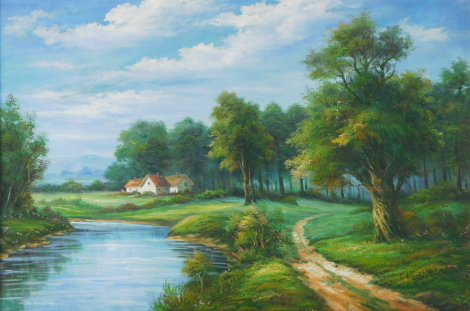 J King (British, late 20thC). Country landscape with a house by a river, oil on canvas, signed, 60cm high, 90cm wide.