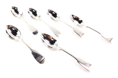 A set of six Victorian silver dessert spoons, monogram engraved, Charles Shaw, London 1855, 9.23oz.