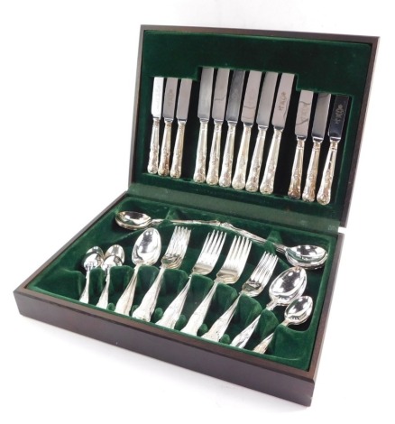 A silver plated canteen of cutlery decorated in the King's pattern, six place settings, cased.