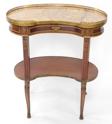 A French Louis XV style marble topped kidney shaped mahogany etergere, with a single frieze drawers, raised on channeled supports, united by an under tier, over slender cabriole legs, paw capped, 77cm high, 67.5cm wide, 42cm deep.