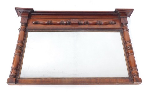 A Victorian mahogany overmantel mirror, with turned columns, enclosing a reeded slip rectangular plate, 63cm high, 98cm wide.