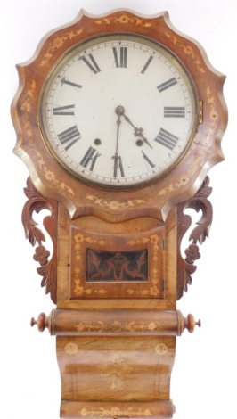 A Jerome & Co Anglo American walnut drop dial wall clock, with a cream circular painted dial, and floral marquetry inlaid case, with pierced fret work sides, 88cm high.