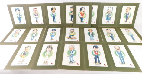 Twenty Trist cartoon prints of Embassy Snooker Celebrities, published by Imperial Group 1985, comprising Doug Mountjoy, Steve Davis, Cliff Thorburn, Ray Reardon, Dennis Taylor, Alex Higgins, Tony Memeo, Terry Griffiths, Tony Knowles, John Virgo, Eddie Cha