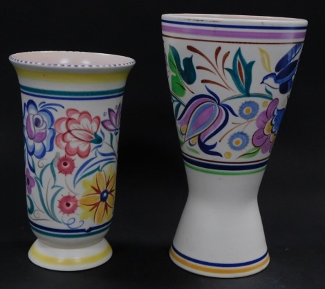 A Poole Pottery mid century vase, traditionally decorated with a band of flowers and birds, shape no. 715, printed and impressed marks, 25cm high, and a further vase similarly decorated with flowers, shape no. 246, 21cm high. (2)