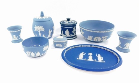 A group of Wedgwood Jasperware, to include mainly pale blue, biscuit barrel, trinket dishes and bowls, a dark blue Copeland Spode jar and cover and a navy blue oval dish. (1 tray)