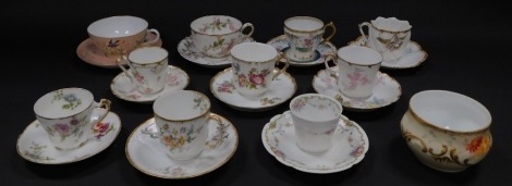 A Limoges and other similar late 19thC porcelain cabinet cups and saucers, together with a sugar bowl. (a quantity)