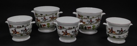 A set of Crown Staffordshire hunting twin handled jardinieres, comprising two large, 13cm high, and three small, 10cm high. (5)