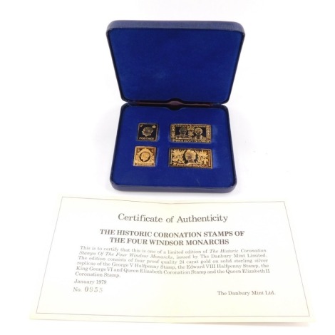 The Historic Coronation Stamps of The Four Windsor Monarchs, silver gilt cased set no. 955, with certificate, boxed.