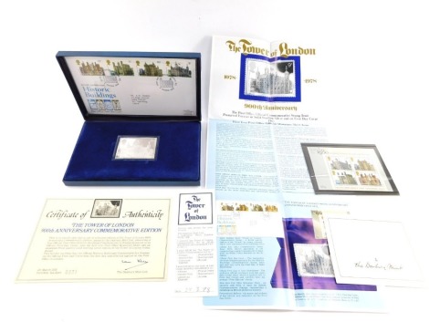 A Danbury Mint Tower of London 900th Anniversary silver stamp, cased, with certificate no. 231, and a group of Tower of London Danbury Mint stamps, for London 1980 Stamp Exhibition and The British Architecture Historic Buildings Post Office first day cove