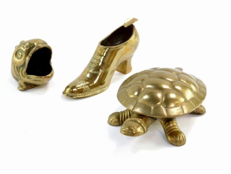 Three brass ornaments, comprising a fish, turtle trinket box and a boot. (3)