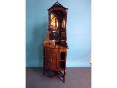 A late 19thC rosewood and marquetry corner display cabinet inlaid in boxwood