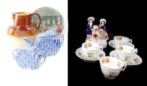 A group of ceramics, to include a Doulton Lambeth stoneware jug, an outside decorated plate depicting various figures, a Staffordshire style flat back figure, two blue and white teapots, and a part set of early 19thC porcelain cups and saucers, painted wi