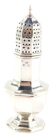 A George VI silver sugar caster, of octagonal baluster form, Viner's Ltd, Sheffield 1938, 19cm high, 5¼oz.