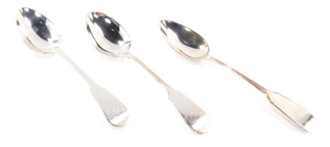 Three silver Fiddle pattern spoons, each bearing the initials GJF, London, various dates, one George III 1810 and two Victorian examples c1837, 3½. (3)