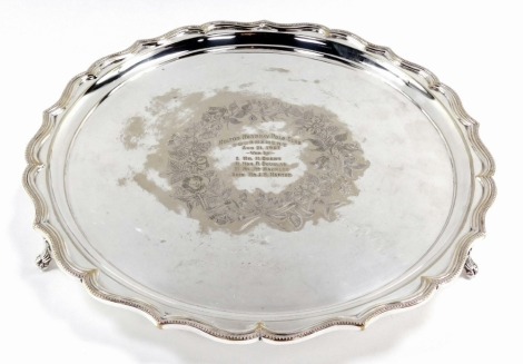 A Curtis and Ingersol of Leicester silver plated presentation salver, with a flared rim detailing and etched floral centre bearing the inscription Melton Mowbray Polo Club Tournament August 21st 1907, won by Mr H Beeby, Hon.R.Douglas, Mr Jno Mackley and M