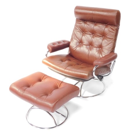 An Ekornes Stressless brown leather and chrome armchair, with button back and adjustable swivel base, and a matching stool.