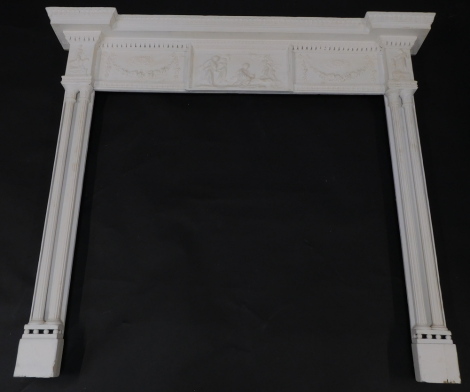 An Adam style cream painted pine and gesso fireplace, with the inverted break front frieze decorated with leaves, the frieze with female figures and putti, flanked by floral swags and paterea, the sides each with two reeded pillars, and foliate capitols, 