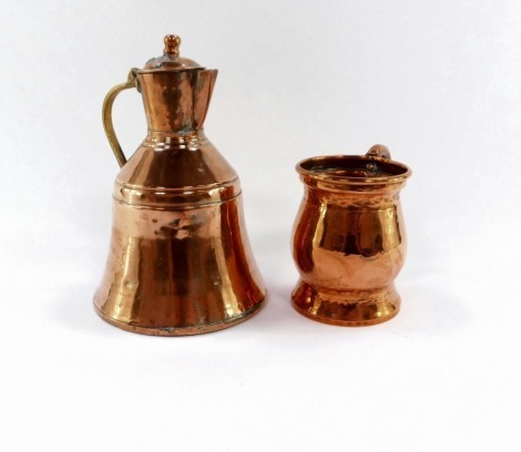 An Eastern style lidded pot, bell shaped, together with a copper tankard, stamped to the border R.W. (2)