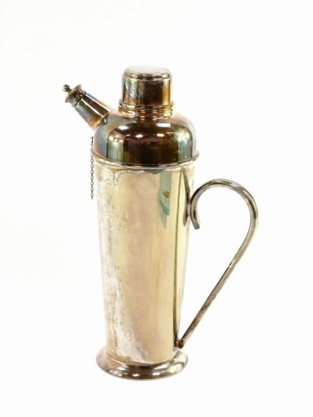 An Art Deco silver plated cocktail shaker, with scroll handle, stamped under side P.H V & Co., 29cm high.