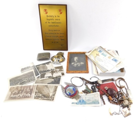 Ephemera, to include a collection of Graf Zeppelin related postcards, loose and other stamps, two car badges, costume jewellery, a pair of pendants made from animal teeth, etc. (a quantity)