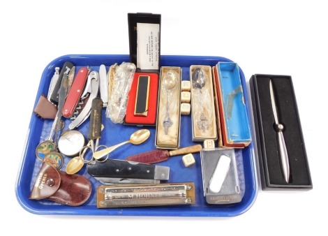 A collection of items, to include souvenir spoons, a Hohner harmonic in box (AF), various penknives, a brass compass, etc. (a quantity)