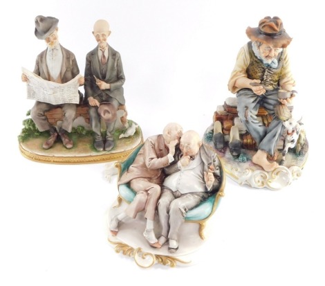 Three Capo di Monte figure groups, comprising a gentleman with a spaniel, two men seated on a sofa, and a group of old men with chickens, etc. (AF)