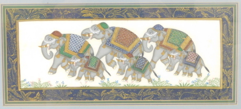 Eastern School. Procession of elephants, within an elaborate border, oil on silk, 21cm x 50cm.