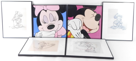 Walt Disney, Mickey Mouse playing tennis, golf, monochrome prints, and two coloured prints of Mickey and Minnie Mouse. (6)