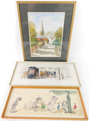 Edith Scott (British, 20thC). Christchurch Hill, Hampstead, watercolour, signed, dated '78, 37cm x 27cm., After Boris O'Klein, dogs queuing to urinate, ink and watercolour, monogrammed NCH, dated '63, 16.5cm x 45cm, and a French print of cats at the piss