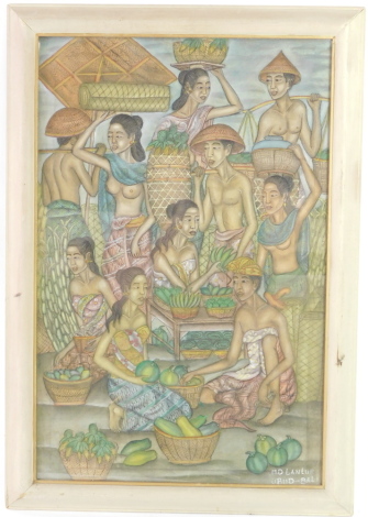 M D Lanlur. Balinese figures with fruit, etc, watercolour, signed, 69cm x 39cm.