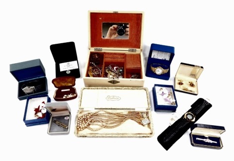 Silver and costume jewellery, to include gentleman's wristwatches, tie clips and cuff links, floral earrings, cased brooches, silver locket, and a Swarovski pendant on chain. (a quantity)