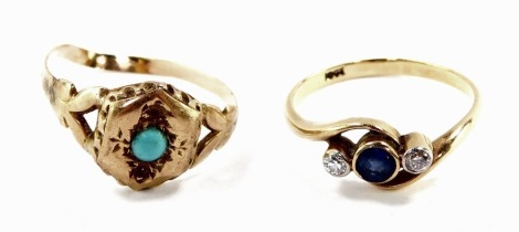 An 18ct gold sapphire and diamond three stone ring, in a crossover design, size N, 2.4g., together with a gold and turquoise set ring, size P, 2.0g. (2)