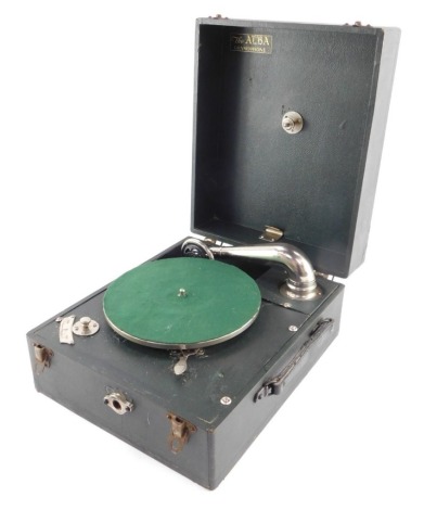 An Alba green cased table top gramophone, 15cm high, 27.5cm wide, 33.5cm deep.