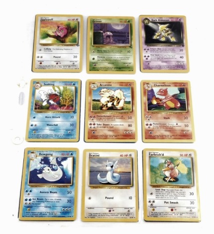 Pokemon cards, comprising Ivysaur., Slowpoke., Growlithe., Aerodcatyl., Kadabra., Jynx., Magmar., Magikarp., Machoke., Giglipuff., Grimer., Dark Alakzam., Seaking., Arcanine., Charmeleon., Dewgone., Dratini., and Farfetch'd. (18)