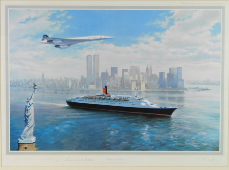 After John Young (British, 1930-2015). Salute to the Queen, Concorde over New York, limited edition print 95/850., signed by the artist and Captain Lawrence Portet RD RNR., published by Royle Publications 1987, 54cm high, 74.5cm wide.