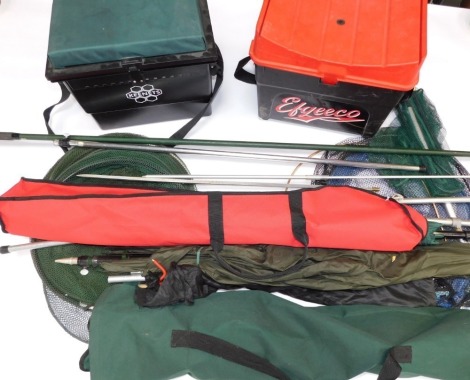 Two fishing box seats, landing nets, folding chairs, etc. (a quantity)