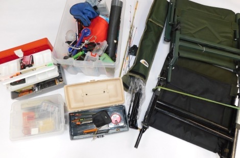 A box of fishing tackle, floats, line, etc., two further boxes, seats, etc. (a quantity)