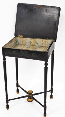 A 19thC French parcel gilt and ebonised work table, with en grisaille painted top of cherubs, and rose outer border, on X frame cross base, 69cm high, 45cm wide, 35cm deep. - 3