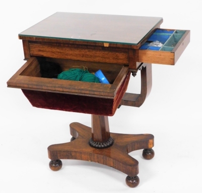 A Victorian rosewood sewing table, with side slide drawer and red velvet draw bag on a quatrefoil base, terminating in bun feet, 73cm high, 55cm wide, 36cm deep. - 2