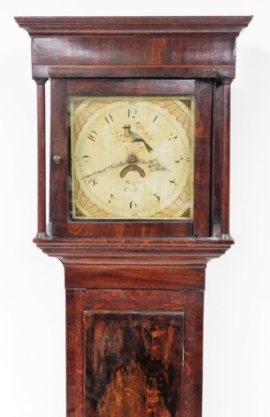 Rogers of Dudley. George III mahogany longcase clock, with a painted rectangular dial with fan and bird design, with an arched top above single door, on block base, 30 hour movement with pendulum and weight, 197cm high, 49cm wide, 22cm deep.