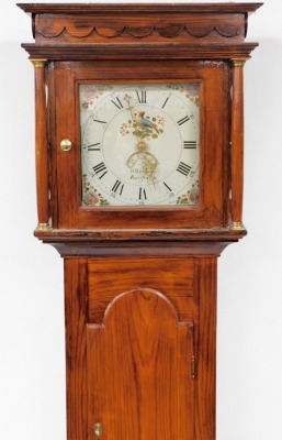 D Rowrand of 'Aberistwith'. A 19thC and later longcase clock, in a stained pitch pine case with a painted dial depicting birds and flowers, 30 hour movement, with pendulum and weight, 201cm high, 44cm wide, 23cm deep.