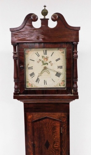 John Matthews of Leighton Buzzard. A George III mahogany longcase clock, with a painted white dial, with a swan pediment neck and single door, with pendulum, 204cm high, 48cm wide, 21cm deep.