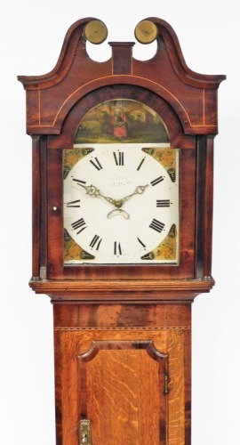 A George III oak cased longcase clock, with a painted dial and arched pediment hood above single door, with 30 hour movement with pendulum and weight, 217cm high, 46cm wide, 21cm deep.