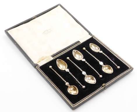 A set of Norwegian silver-gilt teaspoons, each with twist column on a shaped bowl, stamped 830S, 1½oz in a Youngs Limited fitted box.